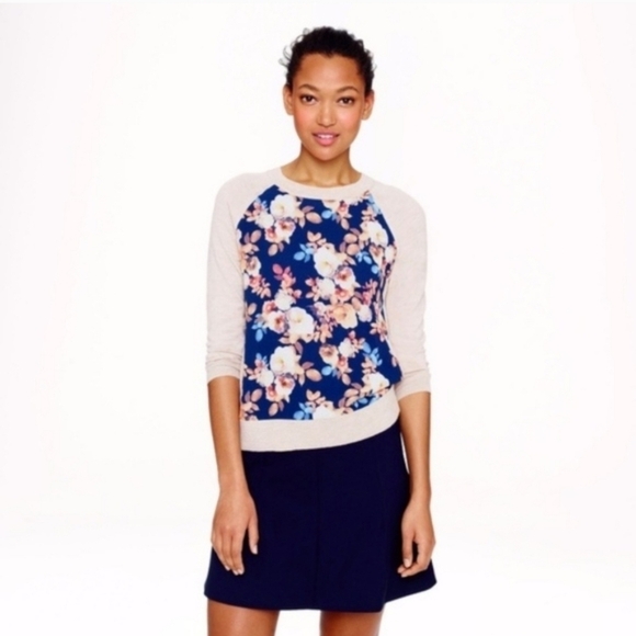 J Crew Merino Wool Floral Silk Panel 3/4 Sleeve Lightweight Sweater Top - Size M - Picture 1 of 14
